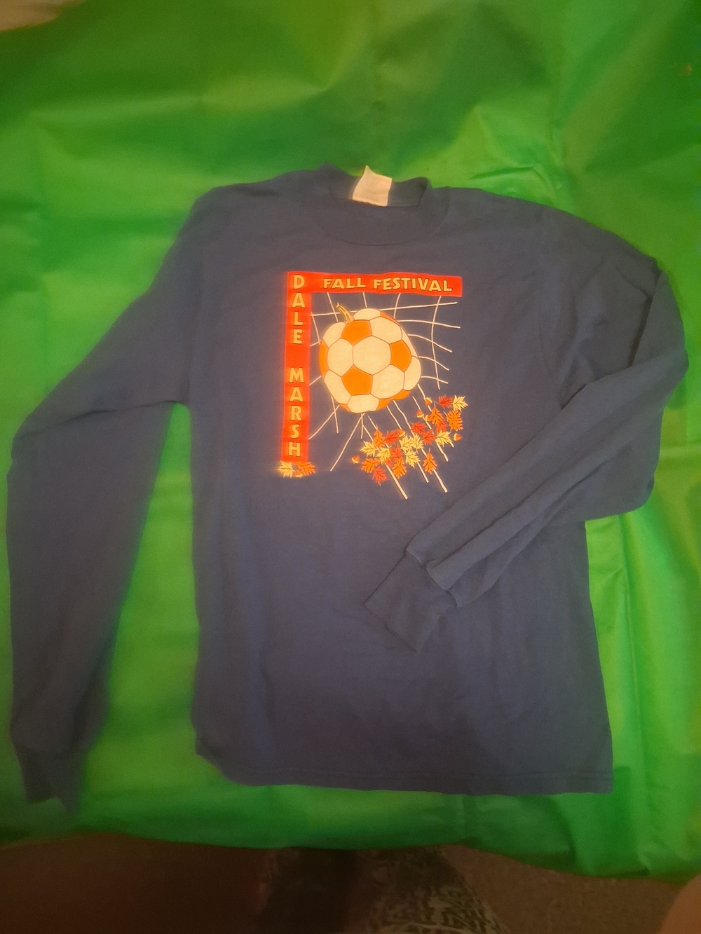Jerzees Blue Long Sleeve Soccer Fall Festival Shirt with Orange Print